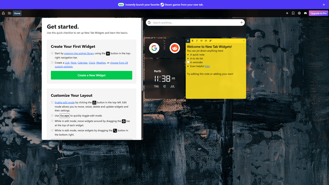 Screenshot of a freshly installed Tab Widgets extension showing a 'Get Started' guide, sticky note, digital clock, and links.