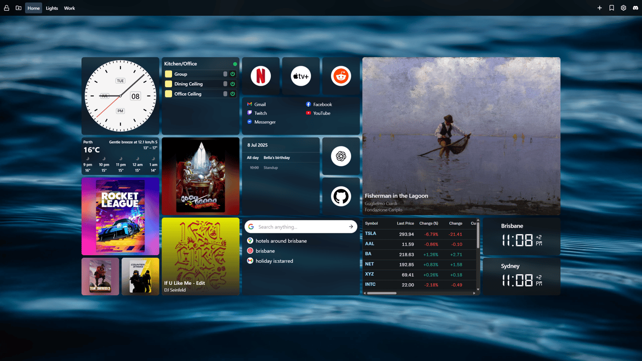 Tab Widgets dashboard with various productivity widgets