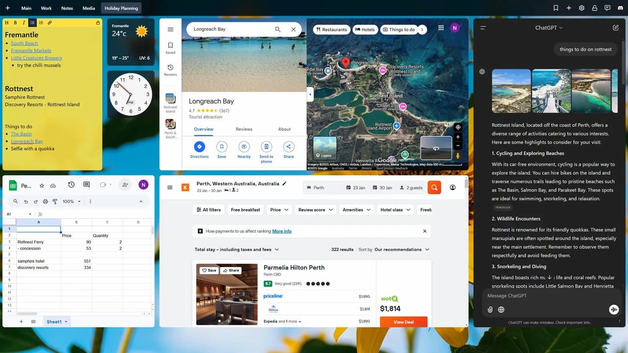 Screenshot of a custom Tab Widgets dashboard with sticky notes, weather, and clock widgets. Additionally, Google Sheets, Google Maps, KAYAK.com and ChatGPT are integrated with iframe widgets to facilitate planning a holiday.