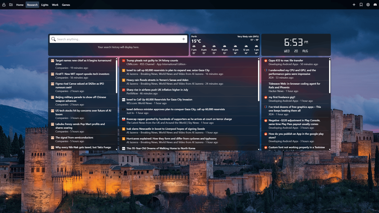 Screenshot of a Tab Widgets Chrome Extension dashboard showing RSS feed widgets with live news and forum updates, alongside weather, clock, and search bar.