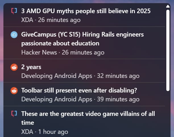Close-up of an RSS feed widget in Tab Widgets, showing recent headlines from XDA, Hacker News, and Reddit. The feed displays article titles, sources, and timestamps in a clean list format.