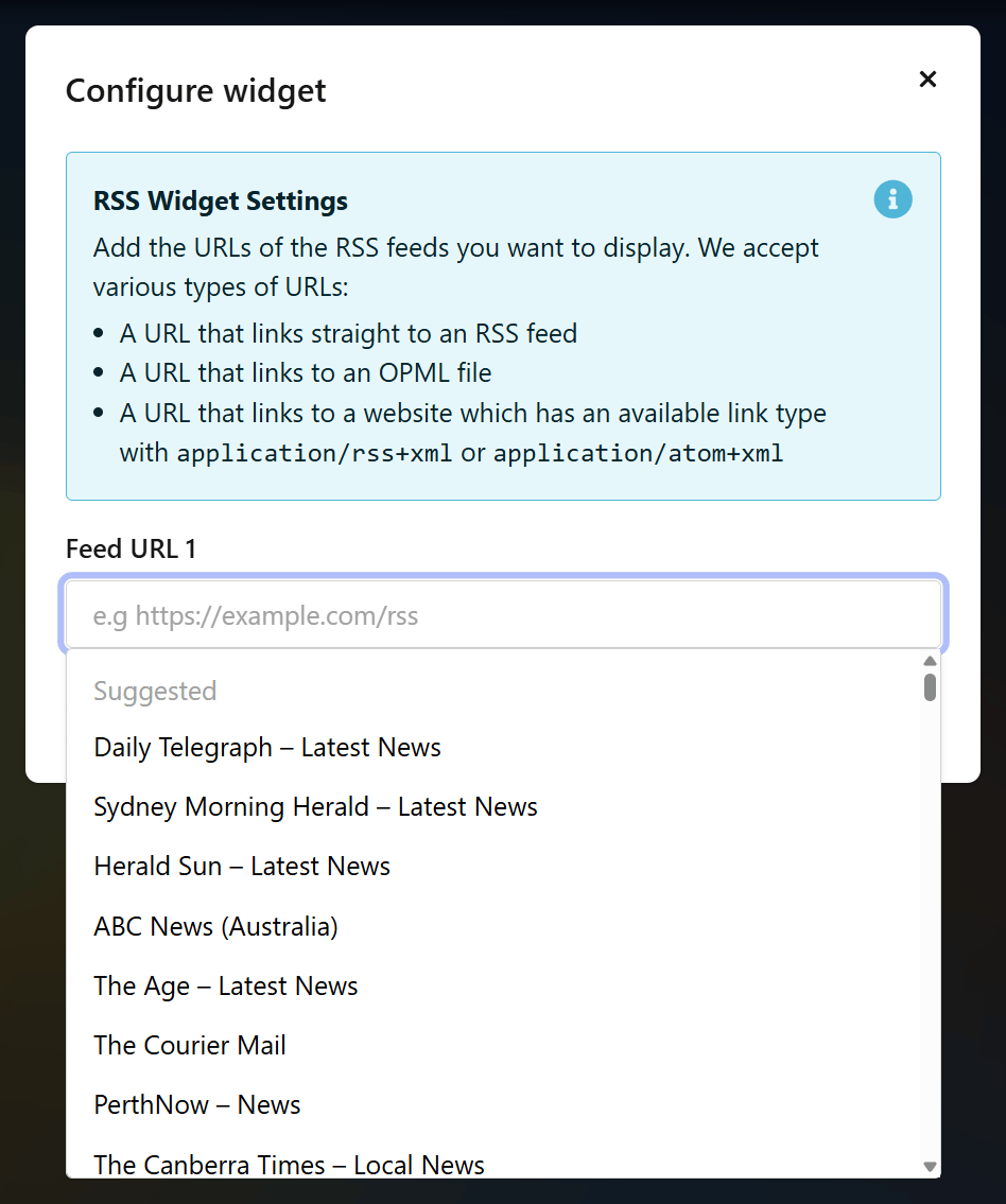 Configure RSS widget screen in Tab Widgets, showing settings to add feed URLs with examples like Daily Telegraph, Sydney Morning Herald, Herald Sun, ABC News, and more suggested news sources.