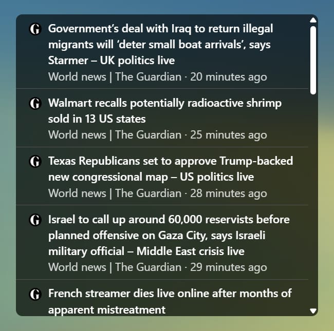 RSS feed widget in Tab Widgets showing The Guardian headlines, including UK politics, US politics, Middle East news, and breaking stories, with timestamps for each article.