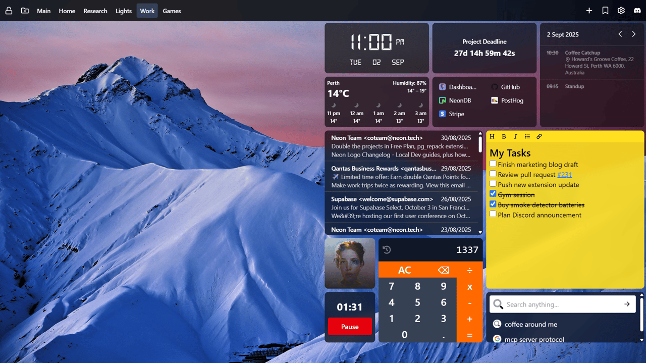 Productivity-focused Chrome new tab extension screenshot: Tab Widgets displays a digital clock, Perth weather, project deadline countdown, Gmail inbox feed, quick-link tiles, calendar events, sticky-note to-do list, active timer widget with Pause, calculator, and universal search on a mountain background.