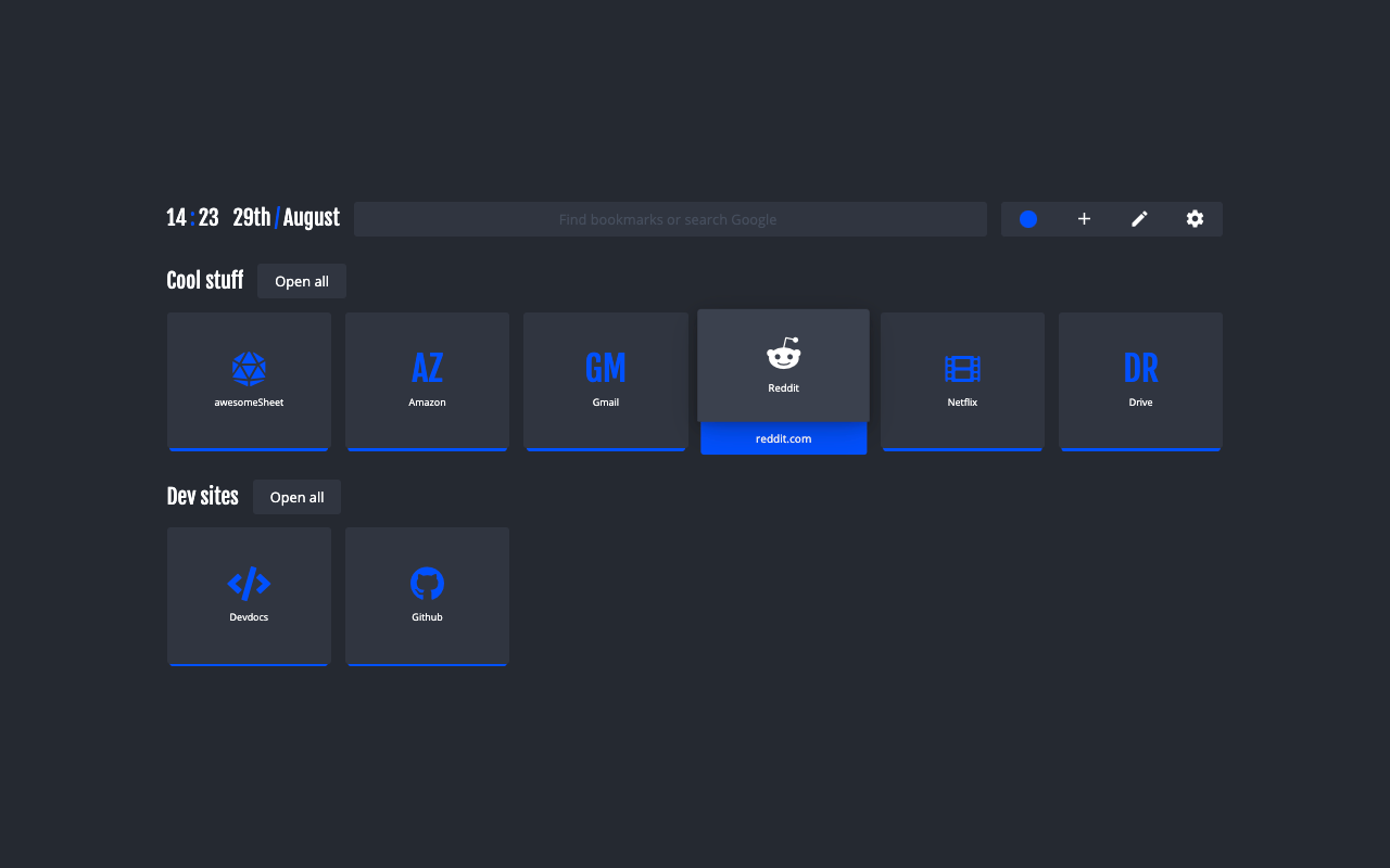 NightTab Chrome new tab extension with a dark theme, showing the time and date at the top and customizable bookmark tiles for Amazon, Gmail, Reddit, Netflix, Google Drive, Devdocs, and GitHub, organized into groups like Cool Stuff and Dev Sites.