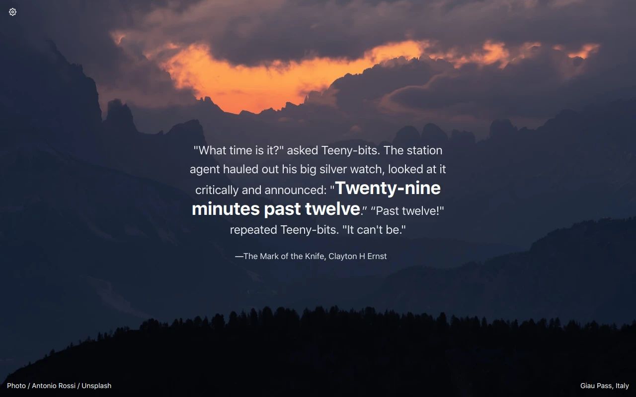 Tabliss new tab extension for Chrome and Firefox showing a scenic mountain sunset background with an inspirational literary quote from The Mark of the Knife by Clayton H Ernst displayed in the center.