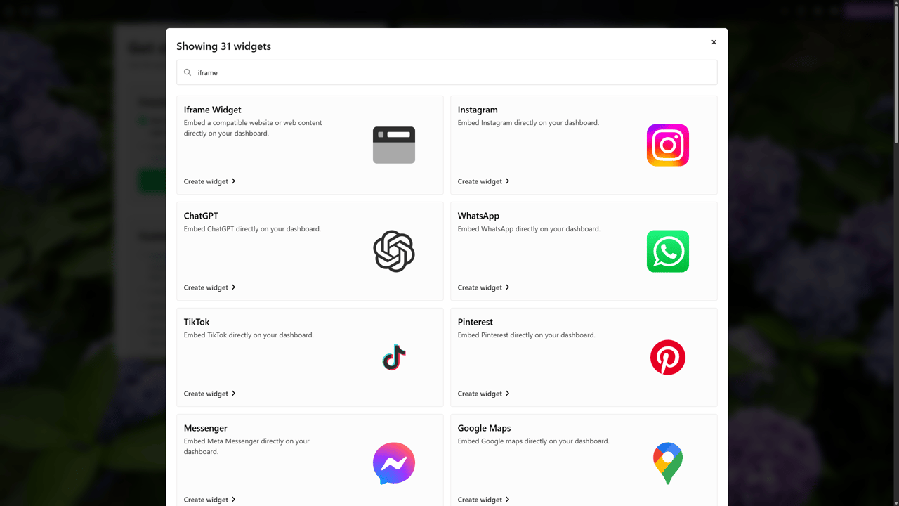 A modal window displaying a list of widget options for embedding various web apps on a dashboard. The search bar at the top contains the query "iframe." Below, several widgets are listed with their names, descriptions, and icons, including Iframe Widget, Instagram, ChatGPT, WhatsApp, TikTok, Pinterest, Messenger, and Google Maps. Each widget has a "Create widget" button.