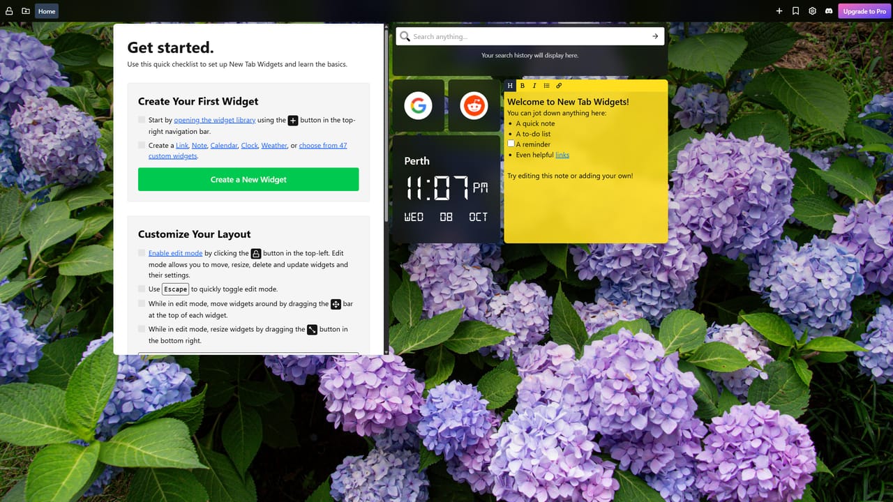 Browser new tab setup page with a floral hydrangea background. The left panel titled ‘Get started’ shows setup instructions for creating and customizing widgets, including a green ‘Create a New Widget’ button. On the right side, a digital clock widget displays the time 11:07 PM in Perth, and a yellow sticky note widget titled ‘Welcome to Tab Widgets!’ lists example uses such as a quick note, to-do list, or reminder. At the top, there is a search bar and link widgets for Google and Reddit.
