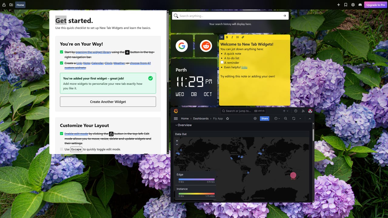 An iframe widget embedded on a Tab Widgets dashboard, displaying a Grafana dashboard with various panels showing server performance metrics, application logs, and traffic data.