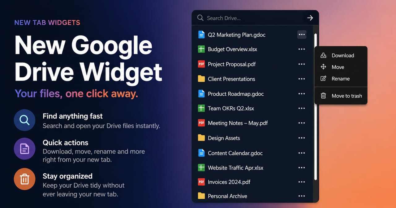 A promotional graphic for Tab Widgets showing a customizable Chrome new tab dashboard with Google Drive files visible at a glance. The graphic highlights searching Drive, opening recent files, uploading files by drag and drop, and managing documents from the dashboard.