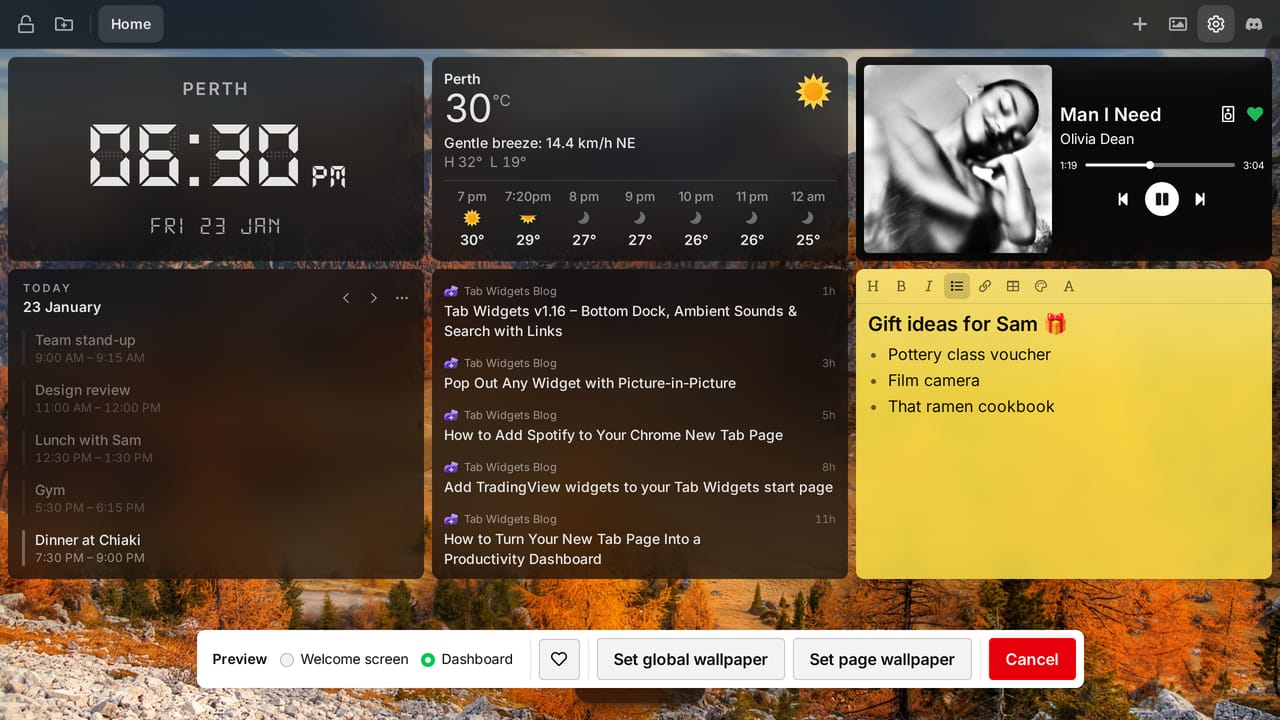 An autumn mountain wallpaper previewed behind a Tab Widgets dashboard, with the preview bar's Dashboard view selected and buttons to set it as the global or page wallpaper.