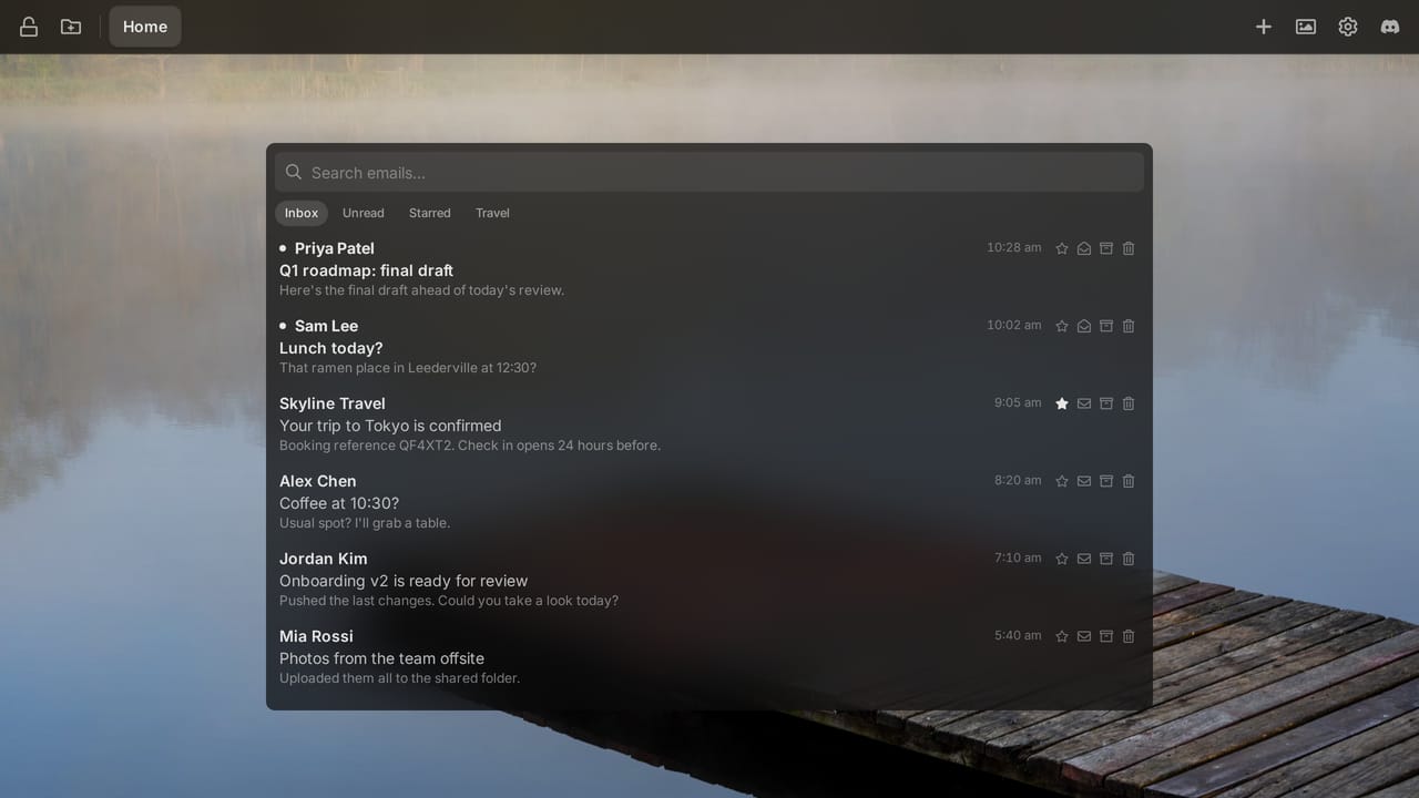 The Gmail widget with Inbox, Unread, Starred and a custom Travel tab, and buttons to star, mark as read or unread, archive and delete each email.