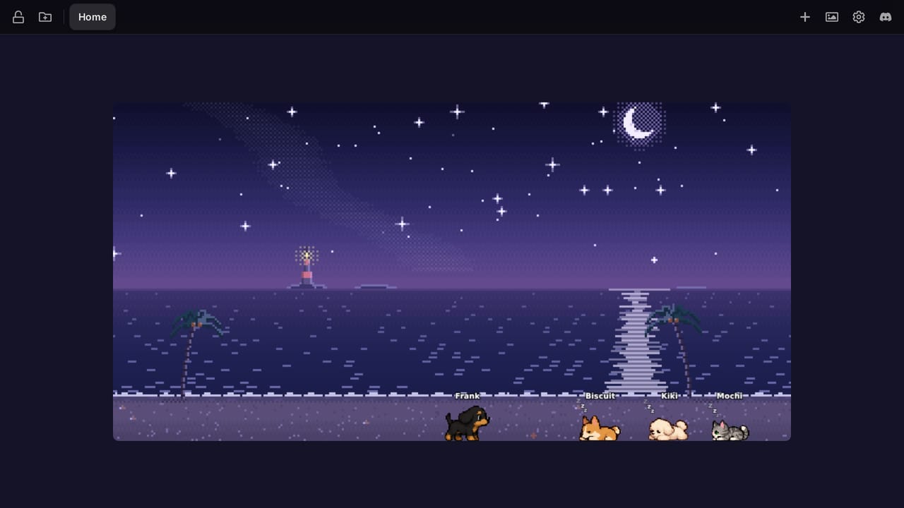 The Pets widget's Beach world at night: a crescent moon and the Milky Way over the sea, a lighthouse lamp glowing on an island, and a dachshund awake on the sand while a corgi, a bichon and a grey tabby sleep.