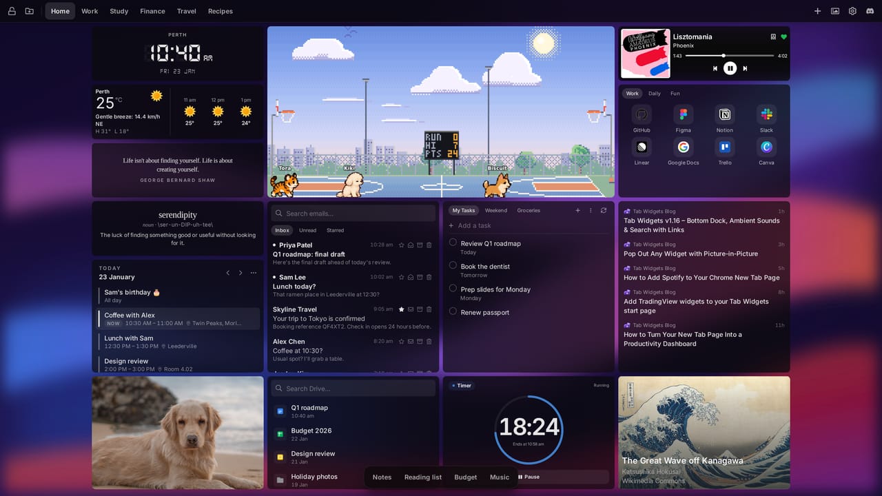 A full Tab Widgets dashboard on a purple wave wallpaper, with the Pets widget's Hoops court across the middle where a tiger cub, a bichon and a corgi play, surrounded by a digital clock, weather, a quote, Word of the Day, Google Calendar, a dog photo, Gmail, Google Tasks, Google Drive, a running timer, Spotify, quick links, an RSS feed and The Great Wave off Kanagawa in the Art widget.