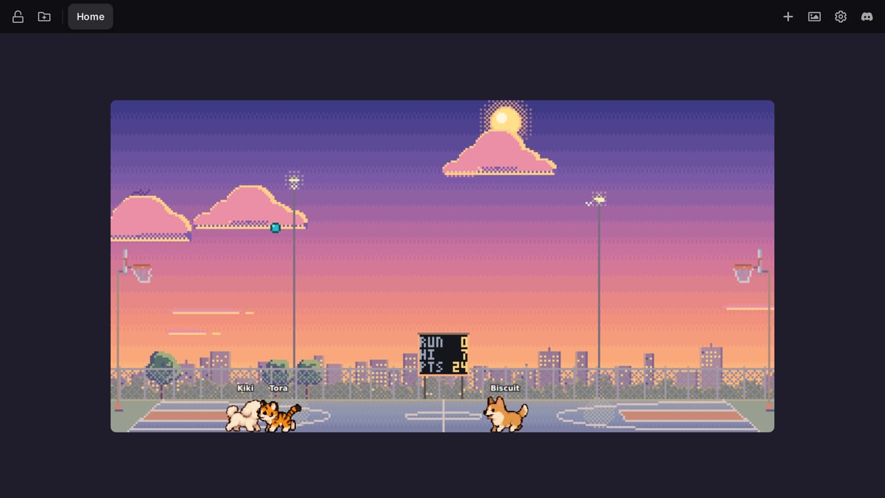 The Pets widget's Hoops world at sunset: a ball flies toward a hoop on a city basketball court while a bichon, a corgi and a tiger cub play, and the scoreboard on the fence shows the run, best streak and today's points.