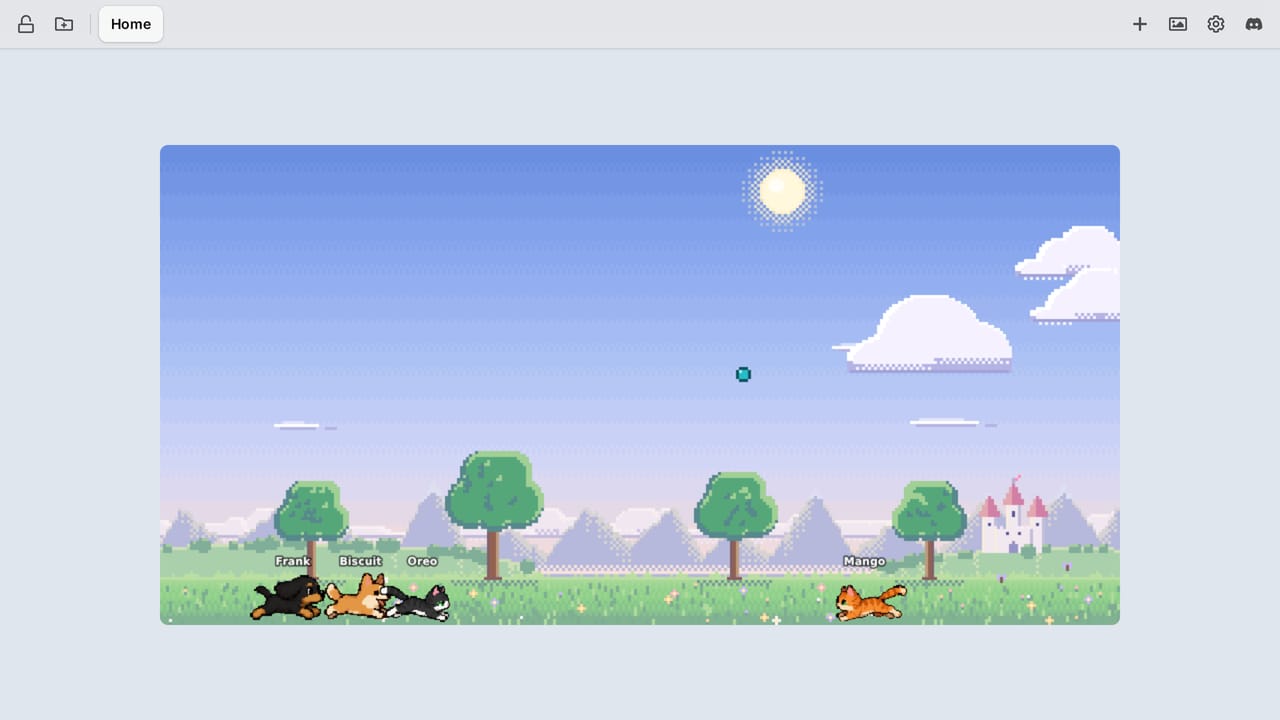 The Pets widget in the Park world at midday: a corgi, a dachshund and two cats chase a thrown ball across the grass.