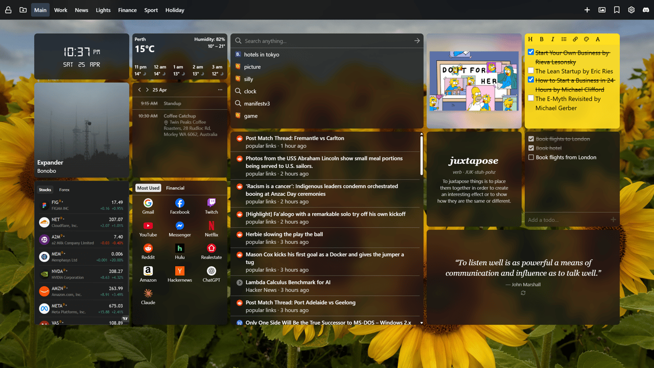 Custom Chrome new tab dashboard using Tab Widgets extension showcasing a digital clock, weather, Google calendar events, task list in a sticky note widget, music player controls for Spotify, a project deadline countdown, TradingView finance stock market tracker, RSS news feed, calculator, Philips Hue smart home lighting controls, CPU and memory monitors, search bar and an image of a Bichon Frise set using the custom image widget, displayed on a scenic painted landscape background.