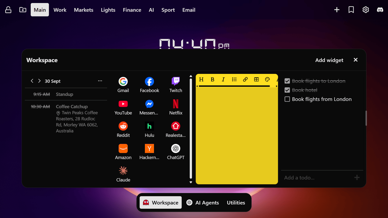Tab Widgets new tab dashboard showing the Dock feature, with quick access to Workspace, AI Agents, and Utilities widget groups.