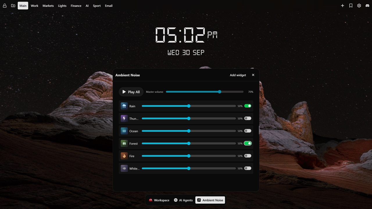 “Ambient Sounds widget with independent volume sliders for six sounds and a master playback control.