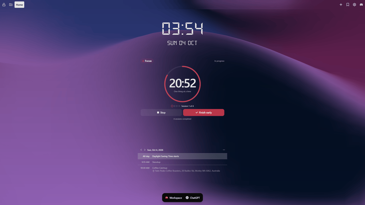 A Tab Widgets productivity dashboard on a dark purple background with world clocks, tasks, email, a calendar and quick links.