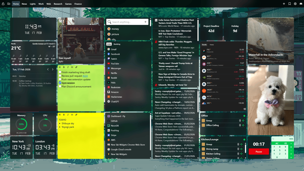Screenshot of Tab Widgets Chrome extension showing a customizable new tab page with productivity dashboard widgets including weather, clock, calendar, sticky notes, quick links, RSS news feed, stock tracker, Philips Hue controls, world clocks, countdown timer, calculator, and image widget.